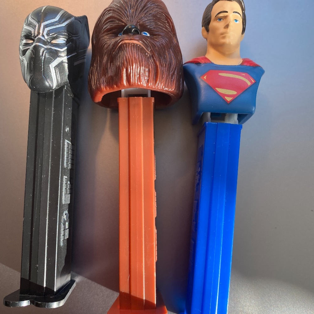 3 Pez Dispensers Chewbacca Superman Black Panther